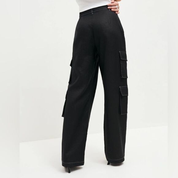 Reformation Mateo Pant 100% Linen Black Multi Cargo Pocket Wide Leg Trousers Sm - Picture 4 of 8
